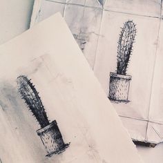 two drawings of cactuses on paper next to each other