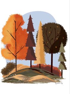 an illustration of trees in the fall with oranges and browns on them, against a blue sky