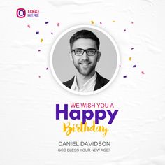 a happy birthday card with a man wearing glasses and confetti around his neck