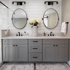 Riley & Higgs Bathroom Vanity 80 Inch Grey Shaker Double Sink Bathroom Vanity with Drawers Shaker Bathroom Ideas, Bathroom Decor Ideas Gray Cabinets, Bathroom With Light Gray Vanity, Bathrooms With Gray Vanities, Bathroom Gray Vanity, Light Grey Vanity With Black Hardware, Modern Farmhouse Bathroom Gray Vanity, Dark Grey Top Bathroom Vanity, Gray Bathroom Vanity