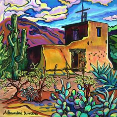 a painting of a house in the desert with cacti and cactuses around it