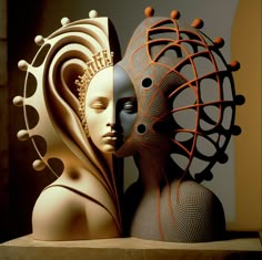 two sculptures made to look like heads with different shapes and sizes, one is orange and the other is black