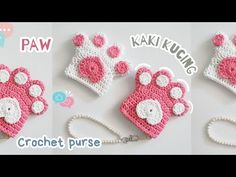 crochet purses with bear ears and paw prints on them, all in pink and white