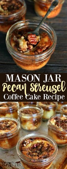 mason jar pecan streuse coffee cake recipe in small glass dishes with spoons