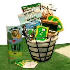 the golf gift basket is full of goodies