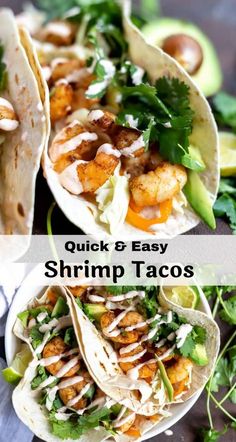 shrimp tacos with avocado and cilantro on the side