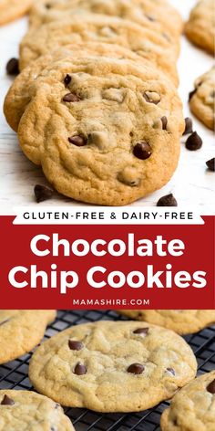 chocolate chip cookies on a cooling rack with the words gluten - free and dairy - free