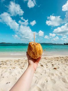 a person holding up a coconut on the beach