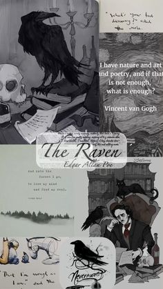 the raven is sitting in front of an open book with writing and drawings on it