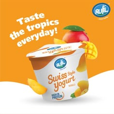 an advertisement for yogurt with peaches and mangos on the side, in front of an orange background