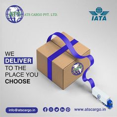 a cardboard box with a blue ribbon around it and the words we deliver to the place you choose