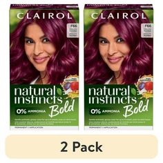 Shine brighter with bold purple hair color with Clairol Natural Instincts Bold Permanent Hair Color Kit in F66 Dragon Fuchsia. This affordable at-home hair color kit provides up to 8 weeks worth of vivid permanent purple hair dye that gently provides glossy, bold coloreven on dark hair color. Intensely pigmented, the purple hair dye works on many shades. Clairols most gentle permanent hair coloring kit yet, this dermatologically-tested ammonia free hair dye kit has nourishing ingredients like acai extract, guarana extract and argan oil, is safe for textured hair and will give you striking, glossy permanent purple hair color that lasts. The included Moisture Shine moisturizing hair mask conditions and protects hair between colorings for softer, shinier hair. Whether its your first time dyei Hair Dye Pink, Permanent Purple Hair Dye, Purple Red Hair, Bright Red Hair Color, Clairol Hair Color, Dark Hair Dye, Clairol Natural, Clairol Natural Instincts, Moisturizing Hair Mask