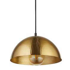 a brass colored pendant light hanging from a ceiling