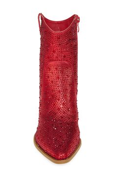 Put some pep in your step when you dance the night away in this Western-inspired boot that's covered in shimmering rhinestones. 3" heel 5 1/2" shaft Synthetic upper, lining and sole Imported Guy Shoes, Western Booties, Red Sequin, Red Glitter, Naples, Bootie, Cowboy Boots, Nordstrom Rack, Dream Wedding