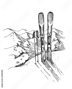 two skis and poles on the top of a mountain