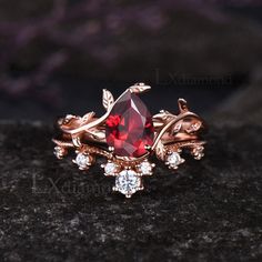 Item description ✦ Handmade, high-quality item! ✦ Material: 925 sterling silver, Solid 10k/14K/18K GOLD (can be made in white/rose/yellow gold) Engagement ring ✦ Center Stone: Lab Ruby ✦ Size/Weight: 6x8mm Pear Cut Wedding band ✦ Gemstones: Round Cut Moissanites Any ring size can be made,if the ring size is not in the option list ,contact me. As it is handmade,it needs 2-4 weeks to finish and then be shipped by usps or DHL. Return policy: We offer 30 days return policy. For any reason, if you are not completely satisfied with your order, you may return it for a refund.  Buyer is responsible for the handcraft fee (15%-30% of the total price) and the return shipping cost. Ruby Wedding Rings For Women, Rose Gold Ruby And Diamond Ring, Ruby Gold Wedding Ring, Unique Engagement Rings Red, Ruby Promise Rings, Ruby Red Wedding Ring, Red And Gold Wedding Rings, Burgundy Engagement Ring, Red Diamond Wedding Ring