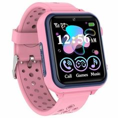 a pink smart watch with music on the screen and an emoticive message displayed