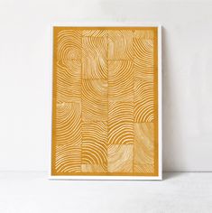 an orange and white art print with wavy lines in the center, on a white background