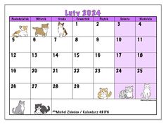 a calendar with cats on it and the date for july, which is written in english