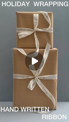 a stack of wrapped presents with the words holiday wrapping written on each wrapper and ribbon