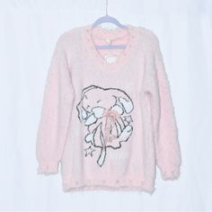 Fuzzy Oversized Sweater With A Bunny, Stars, And A Cellophane Bow. It Has Distressed Frayed Edges. Punk, Cutecore A Finely Knit Sweater That Looks And Feels As Soft As Angora. Dropped Shoulders, Loose Fit. Gyaru Sweater, Kawaii Sweaters, Cutecore Clothes, Bunny Sweater, Pinterest Wardrobe, Kawaii Sweater, Bow Sweater, Fits Inspo, A Bunny