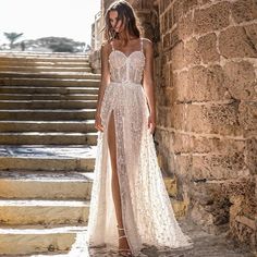 Luxury Flowers Wedding Side Slit Sexy Dress - BLISS GOWN Wedding Sides, Wedding Dress Bohemian, Beach Wedding Gown, Boho Wedding Flowers, Beach Wedding Dress Boho, Dress Luxury, Boho Flowers, Bohemian Wedding Dresses, Dress Boho