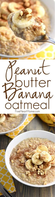 a bowl filled with oatmeal topped with sliced bananas