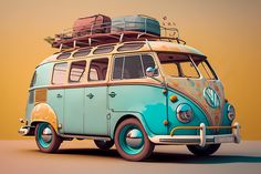 an old vw bus with luggage on top is parked in front of a yellow background