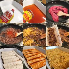 several different types of food being cooked in pans on a stove top with condiments and seasonings