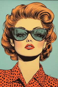 a painting of a woman wearing sunglasses and polka dot shirt with her hair pulled back