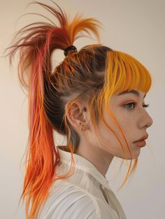 30 Charming Ponytails with Bangs: A 2024 Style Guide Feathery Hair, Ponytails With Bangs, Ponytail Inspiration, Clown Oc, Messy Ponytail Hairstyles, Straight Across Bangs, Highlighted Bangs, Bangs Ponytail, Reference Ideas