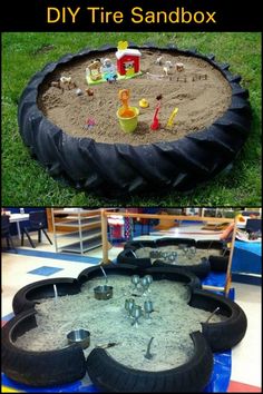 an outdoor sandbox made out of old tires and some toys in the middle with text overlay that reads diy tire sandbox