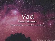 the words vad are written in front of a night sky with stars and trees