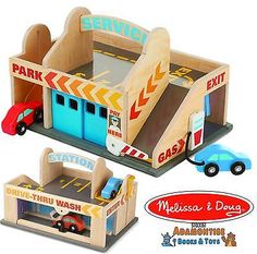 a wooden parking garage with cars and trucks