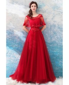 Buy Long Red A Line Elegant Tulle Wedding Party Dress With Cape at wholesale price online. Free shipping and pro custom service since 2009. Red Cape Dress, Red Tulle Dress, Dress For Formal, Short Red Prom Dresses, Dress With Cape, Long Party Dress, Soiree Dress, Red Wedding Dresses, Pakistani Fancy Dresses