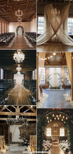 the inside of a wedding venue with chandeliers and flowers