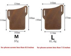 two brown leather cases with measurements for phones