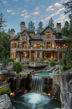 a large house with a waterfall in front of it