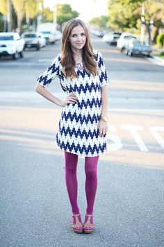 Cute blue aztec print dress. FUSCHIA, WHITE & BLUE Colourful Tights, Color Tights, Purple Tights, Merricks Art, Coloured Tights, Pink Tights, Wool Tights