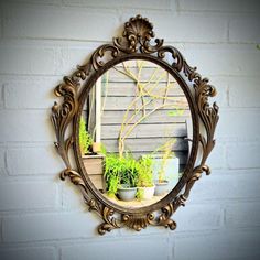 there is a mirror on the wall with some plants in it and one potted plant