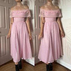 Baby pink 70s dress with elastic off shoulder straps, ribbon hem detail & a zip up the back UK 8 ✨Condition: has a paint like mark on the front (see photo) ✔️ ✨Size: UK 8 ✨Measurements:  UK 8 Waist - 25.5" Bust - 32" Hips - 39" ✨Label: Pronuptia  ✨Length: Maxi - mid calf length on the 5'8 model  ✨Model size: 10 ✨Model height: 5'8 Any questions please do not hesitate to ask These are vintage items so are in a used condition and may have loose stitching or marks however all noticeable flaws will b Retro Pink Dresses With Lace Trim, Pink Off-shoulder Bohemian Dress, Pink 70s, Baby Pink Lace, Pink Victorian Dress With Lace Trim, Pink Off-shoulder Maternity Dress, Pink Lace Trim Vintage Dress, Photo Size, 70s Dress