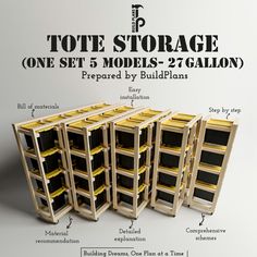 an advertisement for the tote storage one set 5 models - 27 gallon, prepared by buildplans