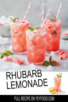 three glasses filled with rhubarb lemonade and mint garnishes