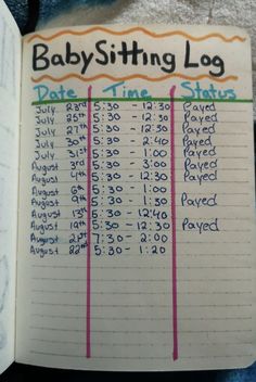 a babysitting log is shown in an open book with numbers and times on it