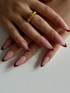 Nail Inspired Almond French Tip, Simple Almond Nails January, Nail Ideas For Tanned Skin, Almond Nails December, Dark Red Oval Acrylic Nails, Simple Dainty Nails, Almond French Tip Color, Simple Aesthetic Nail Designs, Maneater Nails