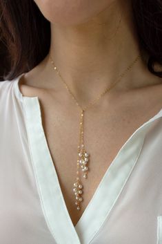 Simple Bridal Jewelry, قلادات متدلية, Dainty Pearl Necklace, Pearl Lariat Necklace, Starburst Necklace, Tie Necklace, Minimal Jewelry