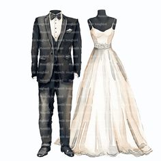 a watercolor drawing of a wedding dress and tuxedo