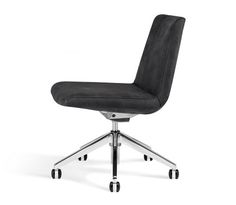 a black office chair with chrome legs and casteors on an isolated white background, viewed from the front