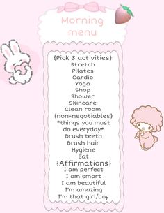 Sanrio cute coquette aesthetic coquette aesthetic picture dollette girlblogger coquettecore coquette aesthetic pretty whisper pretty girl morning routine wonyoungism pilates Pilates princess affirmations Sanrio Affirmations, Wonyoungism Breakfast Ideas, Wonyoungism Pictures, Morning Pilates Routine, Wonyoungism Poster, Coquette Things To Do, Wonyoungism Aesthetic Pictures, Wonyoungism Morning Routine, Pretty Affirmations Aesthetic