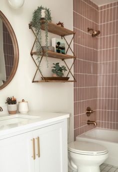 a white toilet sitting next to a bath tub under a bathroom mirror on top of a wooden shelf